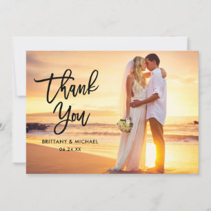Modern Brush Script Bride Groom Photo Name Wedding Thank You Card