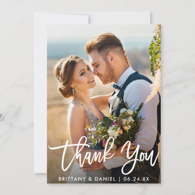 Modern Brush Script Bride Groom Photo Wedding Thank You Card (Front)