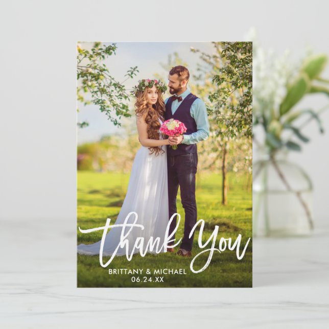 Modern Brush Script Bride Groom Photo Wedding W Thank You Card (Standing Front)