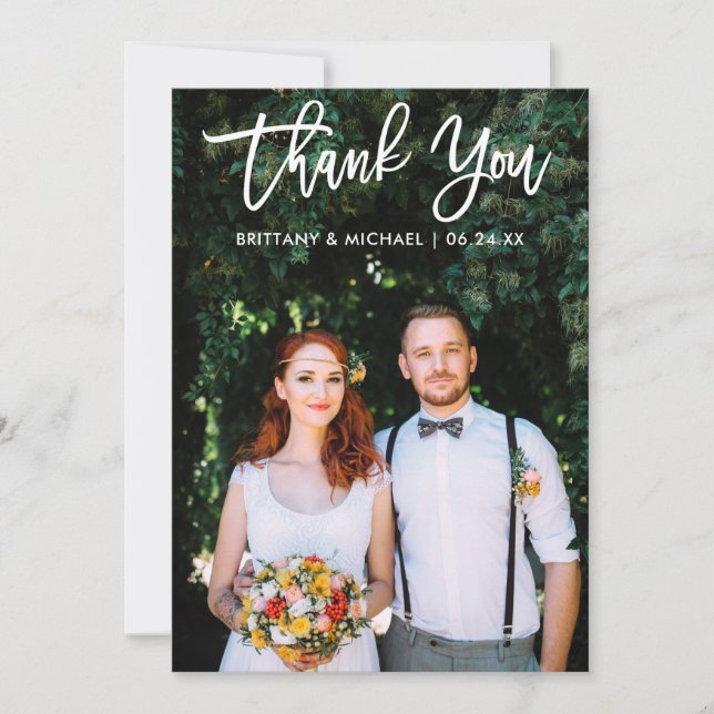Modern Brush Script Bride Groom Wedding Photo Wt Thank You Card (Front)