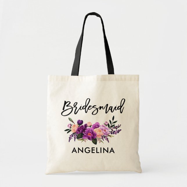 Modern Brush Script Bridesmaid Purple Floral Tote Bag (Front)