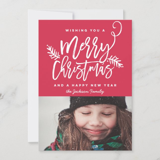 Modern Brush Script Bright Christmas Holiday Photo Card (Front)