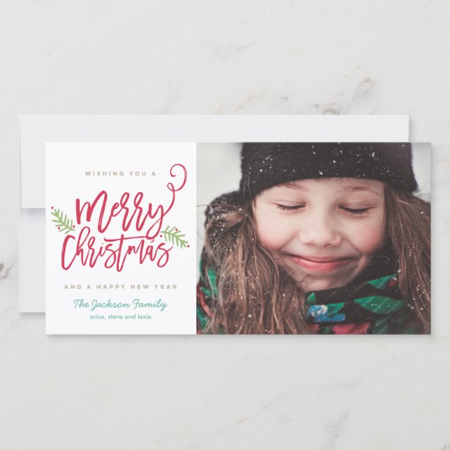 Modern Brush Script Bright Christmas Holiday Photo Card (Front)