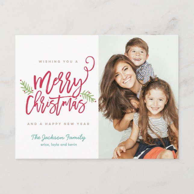 Modern Brush Script Bright Christmas Holiday Photo Postcard (Front)