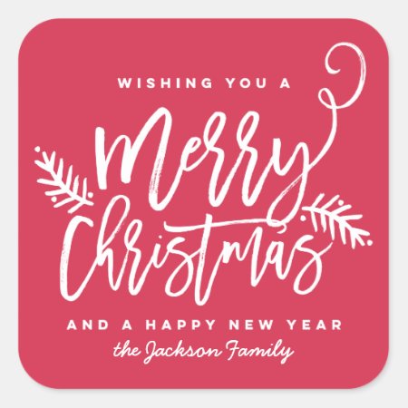 Modern Brush Script Bright Christmas Holiday Red Square Sticker