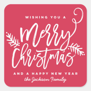 Modern Brush Script Bright Christmas Holiday Red Square Sticker