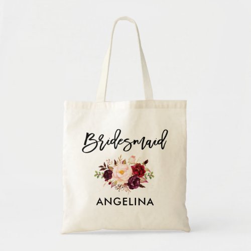 Modern Brush Script Burgundy Floral Bridesmaid Tote Bag