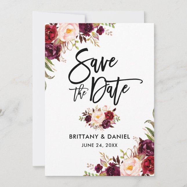 Modern Brush Script Burgundy Floral Save The Date (Front)