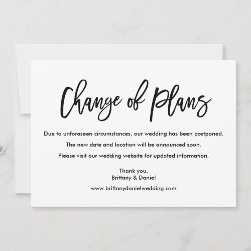 Modern Brush Script Change of Plans Wedding Card