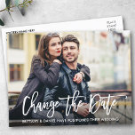 Modern Brush Script Change The Date Photo Postcard<br><div class="desc">Modern Brush Script Change The Date Wedding Postponed Couple Photo Postcard</div>