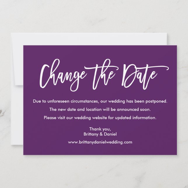 Modern Brush Script Change The Date Purple Card (Front)