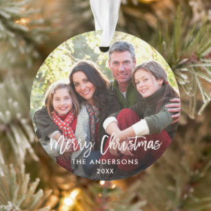 Modern Brush Script Christmas Family Photo WR Ornament