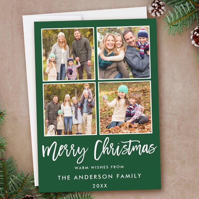 Modern Brush Script Christmas Green 4 Photo Holiday Card (Customize to add text to back of card.)