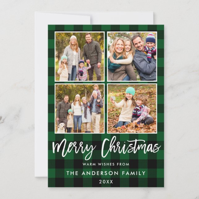 Modern Brush Script Christmas Green Plaid 4 Photo Holiday Card (Front)