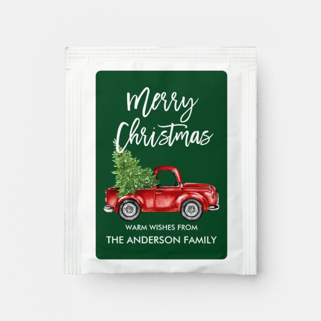 Modern Brush Script Christmas Green Red Truck Tea Bag Drink Mix (Front)