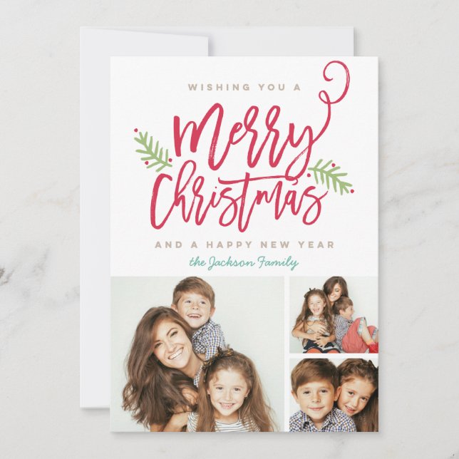 Modern Brush Script Christmas Holiday 3-Photo (Front)