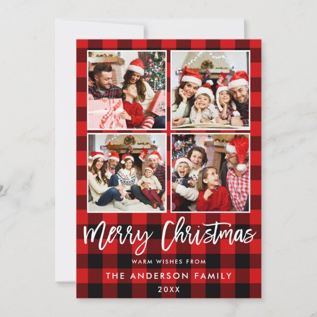 Modern Brush Script Christmas Red Plaid 4 Photo Holiday Card (Front)