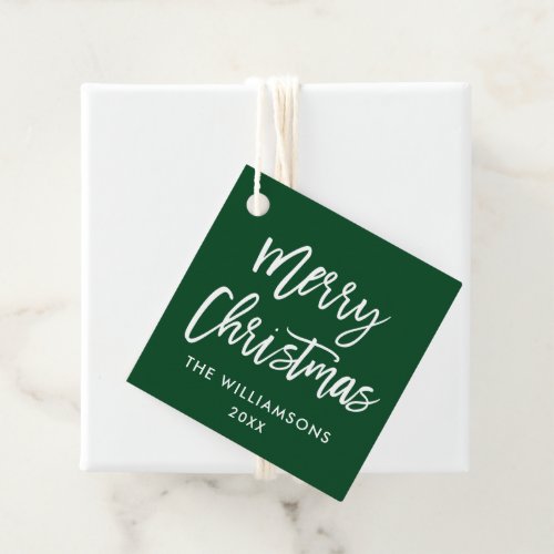 Modern Brush Script Christmas Square Green Favor Tags