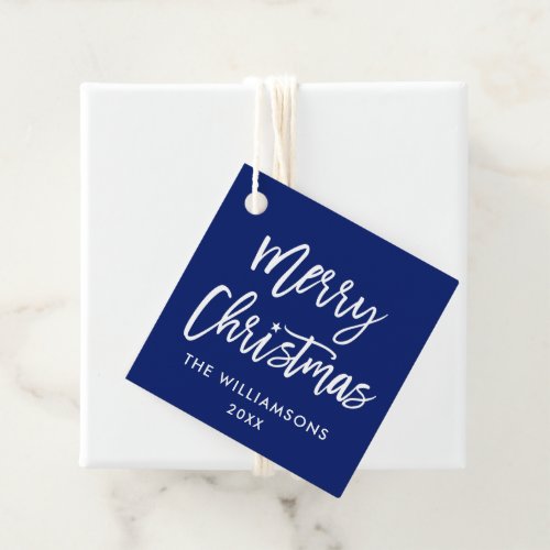 Modern Brush Script Christmas Star Square Blue Favor Tags