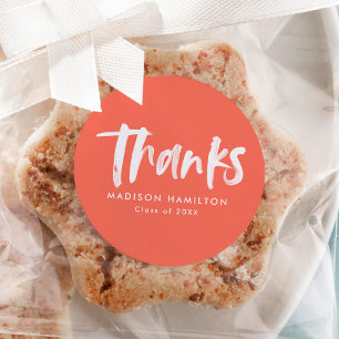 Modern Brush Script Coral Graduation Thank You Classic Round Sticker