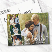 Modern Brush Script Couple 4 Photo Save Our Date Postcard