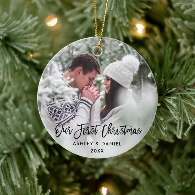 Modern Brush Script Couple Our First Christmas Ceramic Ornament (Tree)