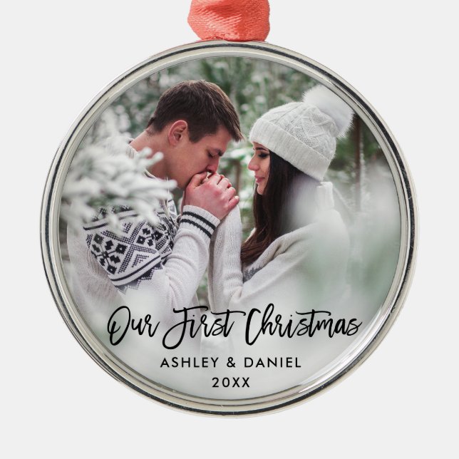 Modern Brush Script Couple Our First Christmas Metal Ornament (Front)