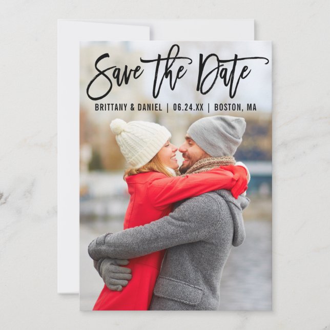 Modern Brush Script Couple Photo B Save The Date (Front)