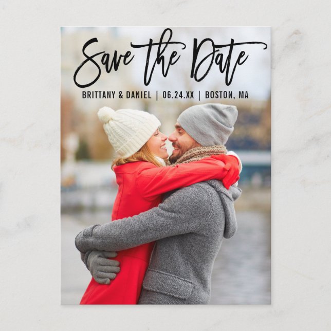 Modern Brush Script Couple Photo B Save The Date Postcard (Front)