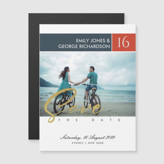 MODERN BRUSH SCRIPT COUPLE PHOTO SAVE THE DATE (Front/Back)