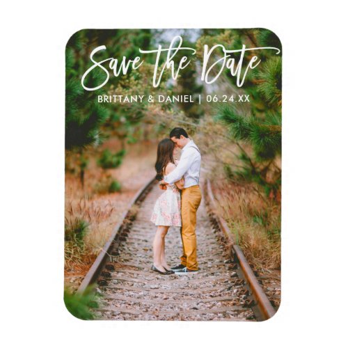 Modern Brush Script Couple Photo Save The Date Magnet