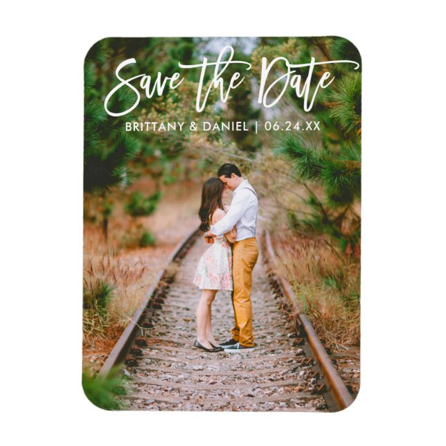 Modern Brush Script Couple Photo Save The Date Magnet (Vertical)