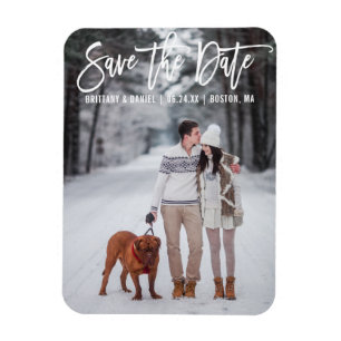 Modern Brush Script Couple Photo Save The Date Magnet