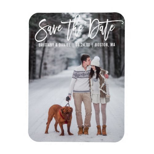 Modern Brush Script Couple Photo Save The Date Magnet