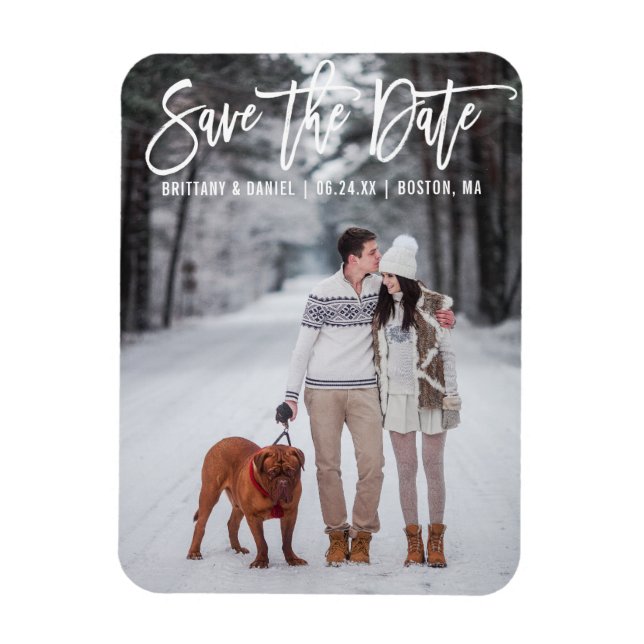 Modern Brush Script Couple Photo Save The Date Magnet (Vertical)