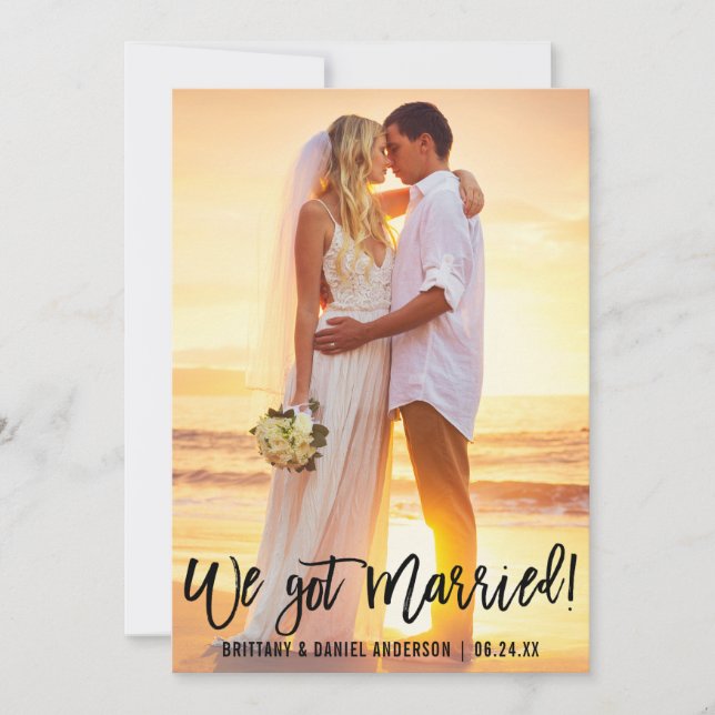Modern Brush Script Couple Photo We Got Married Announcement (Front)