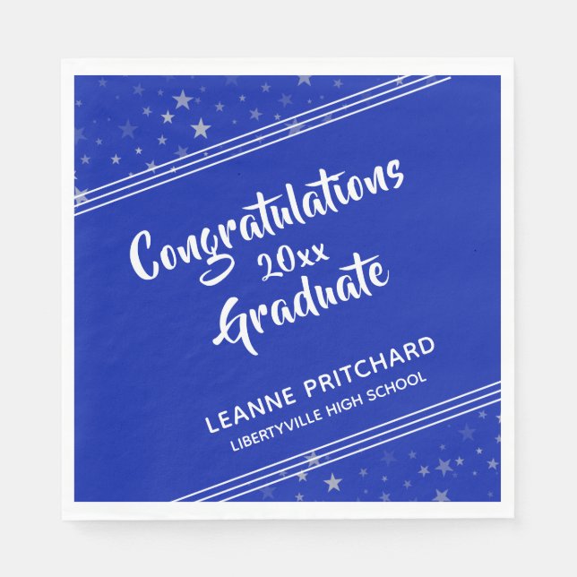 Modern Brush Script Diagonal Stars Name Royal Blue Napkins (Front)