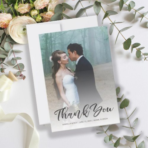 Modern Brush Script Elegant Wedding Photo 35x5 Thank You Card