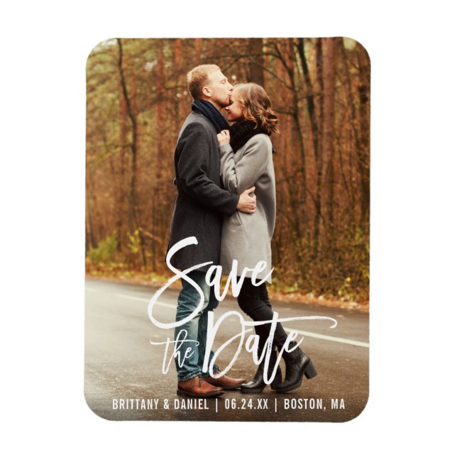 Modern Brush Script Engagement Save The Date Photo Magnet (Vertical)