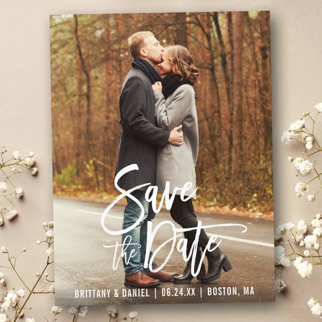 Modern Brush Script Engagement Save The Date Photo Postcard (Customize to change your personalized text size or text style.)