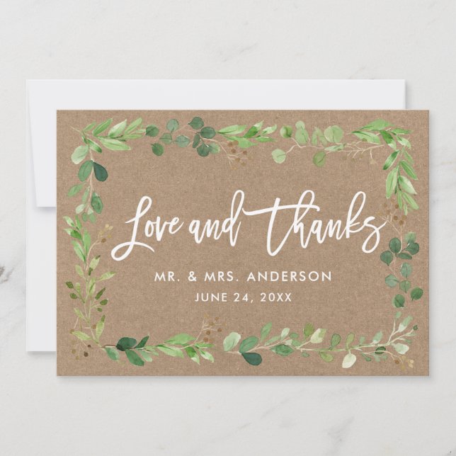 Modern Brush Script Eucalyptus Love Thanks Kraft Thank You Card (Front)