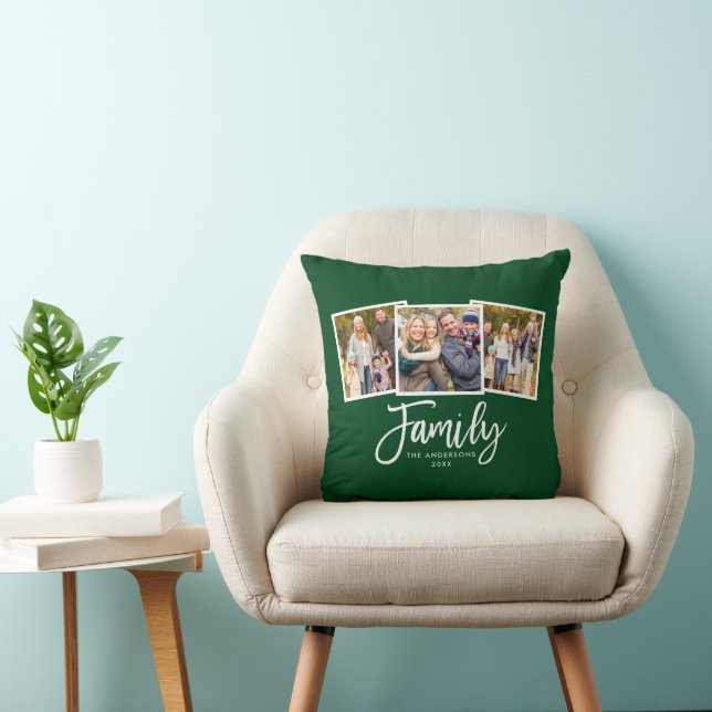 Modern Brush Script Family 3 Photo Green Throw Pillow (Chair)