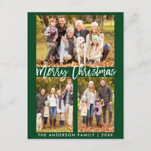 Modern Brush Script Family 3 Photo Merry Christmas Postcard