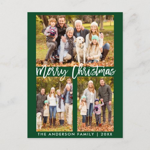 Modern Brush Script Family 3 Photo Merry Christmas Postcard