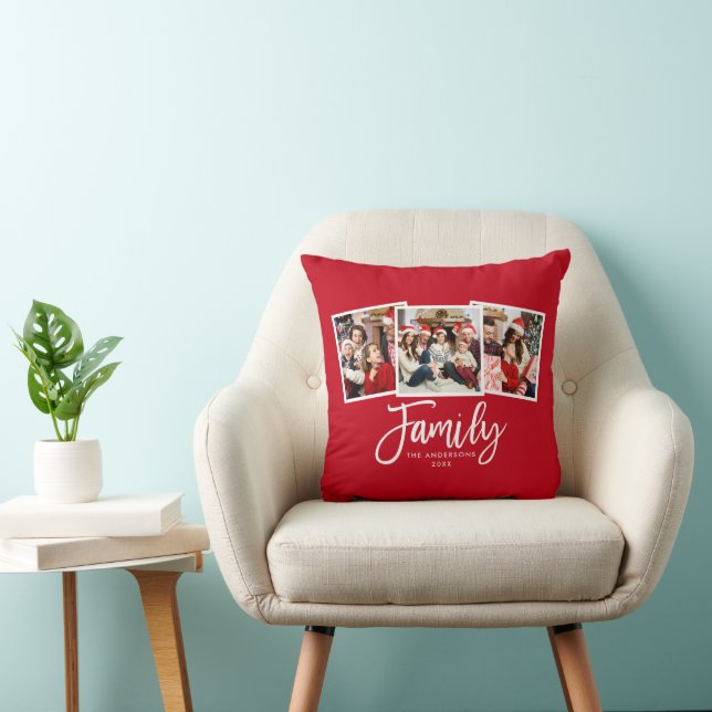 Modern Brush Script Family 3 Photo Red Throw Pillow (Chair)