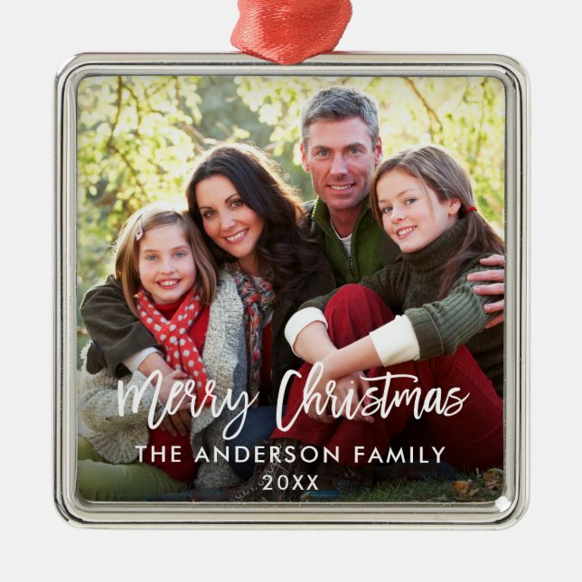 Modern Brush Script Family Photo Christmas Sq Metal Ornament (Front)