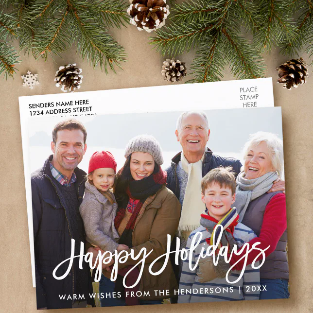 Modern Brush Script Family Photo Happy Holidays Postcard | Zazzle