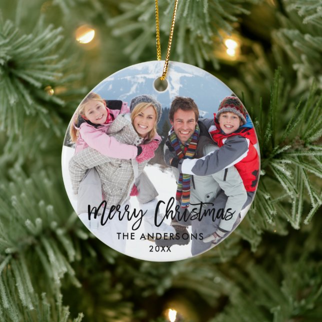 Modern Brush Script Family Photo Merry Christmas Ceramic Ornament (Tree)