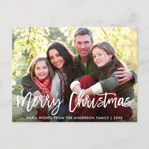 Modern Brush Script Family Photo Merry Christmas Postcard