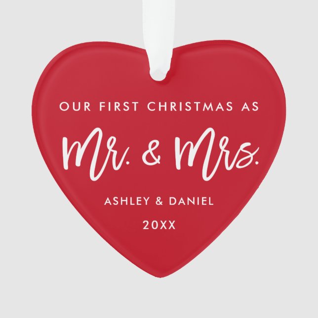 Modern Brush Script First Christmas Mr. Mrs. Red Ornament (Front)